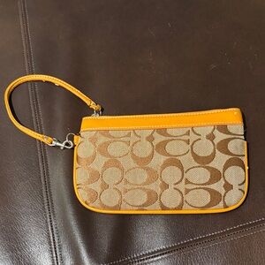 Coach Signature Tan and Orange Wristlet